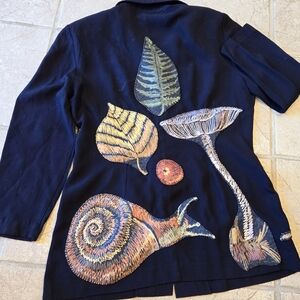 Upcycled vtg blazer jacket S-M "Forest Finds" dk navy blue Mushrooms